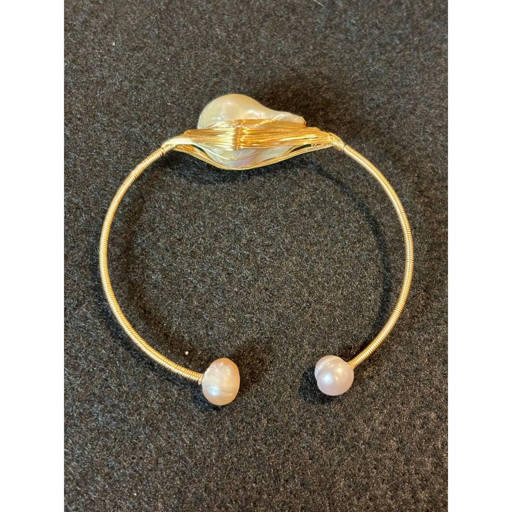 Gold Wire Wrapped Baroque Pearl Cuff Bracelet Iridescent Statement Jewelry